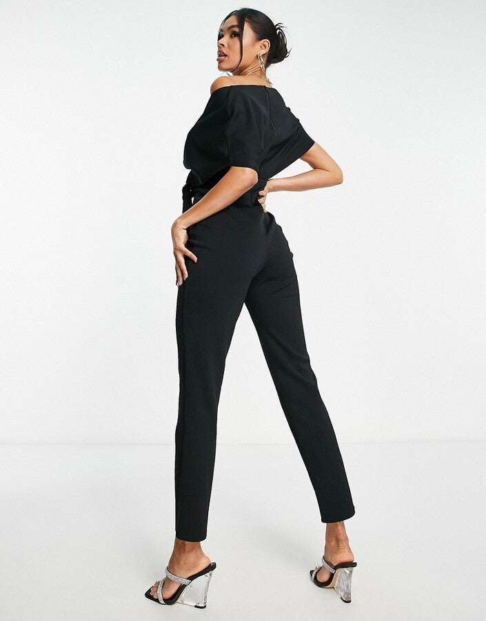 Fallen Shoulder Scuba Jumpsuit in Black