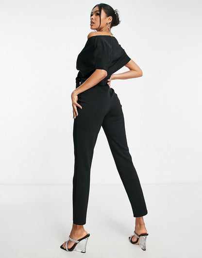 Fallen Shoulder Scuba Jumpsuit in Black