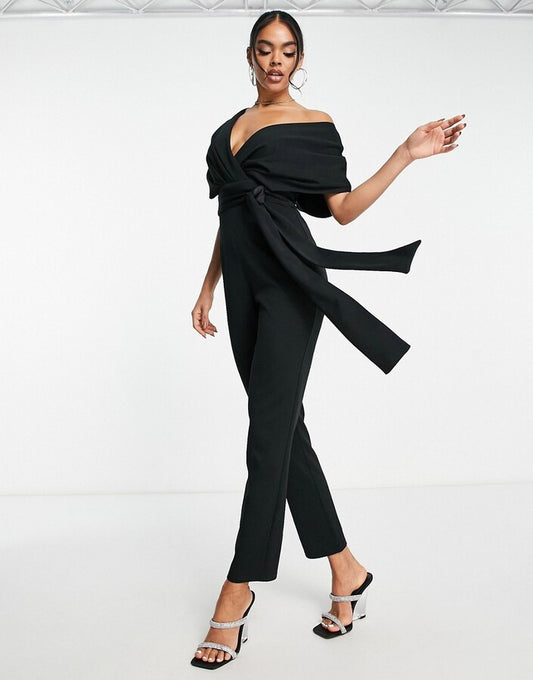 Fallen Shoulder Scuba Jumpsuit in Black