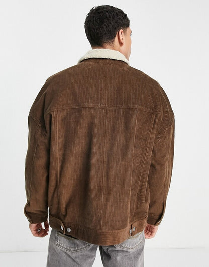Oversized Cord Jacket With Borg Collar in Brown