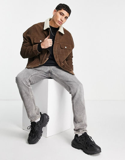 Oversized Cord Jacket With Borg Collar in Brown