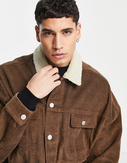 Oversized Cord Jacket With Borg Collar in Brown