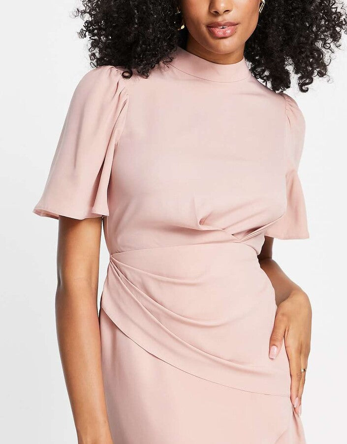 ASOS DESIGN Short Sleeve High Neck Drape Wrap Front Midi Dress in Blush