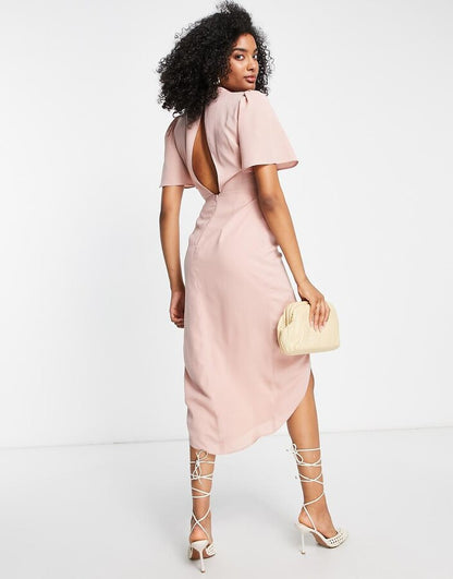 ASOS DESIGN Short Sleeve High Neck Drape Wrap Front Midi Dress in Blush