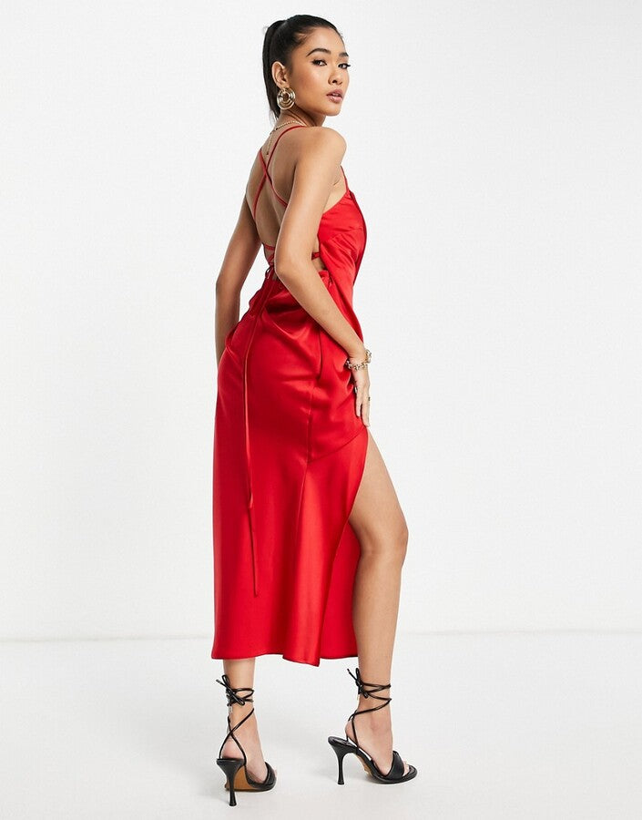 Square Neck Satin Midi Dress With Drape  In Red