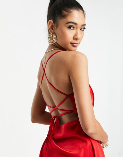 Square Neck Satin Midi Dress With Drape  In Red