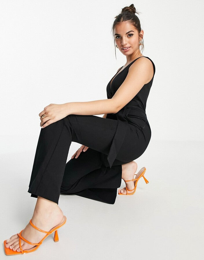 Twill Wrap Front Split Hem Flare Jumpsuit in Black