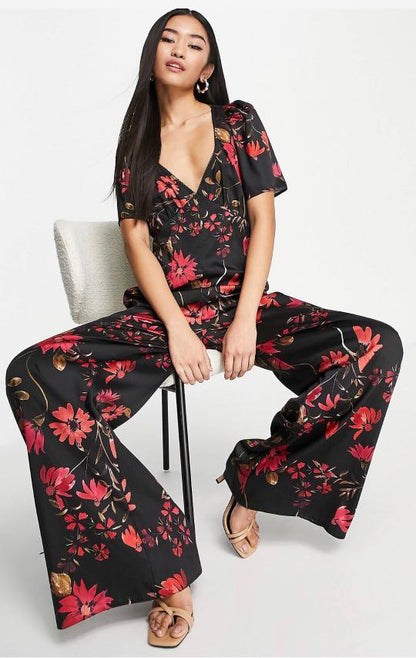 Satin Button Back Tea Jumpsuit In Black Floral