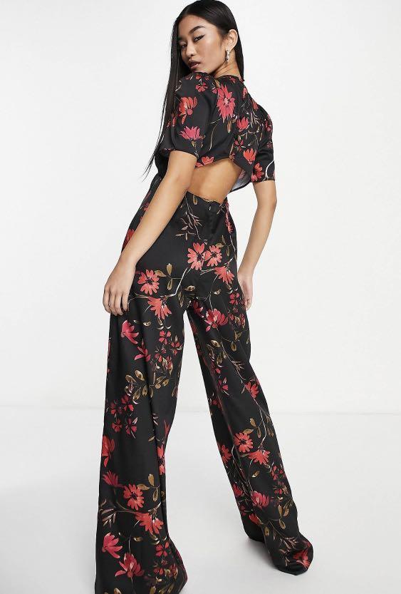 Satin Button Back Tea Jumpsuit In Black Floral