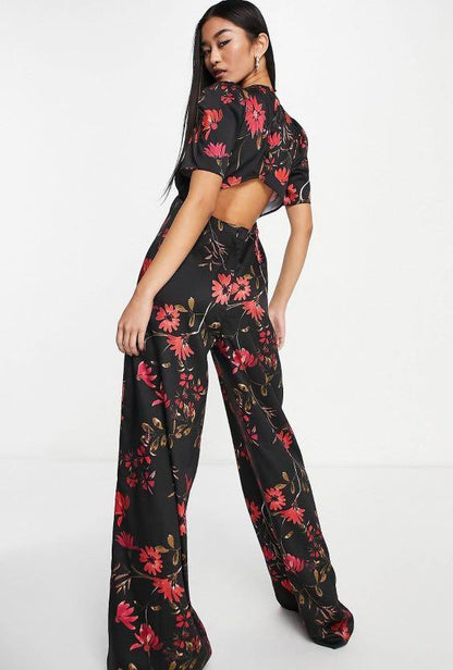 Satin Button Back Tea Jumpsuit In Black Floral