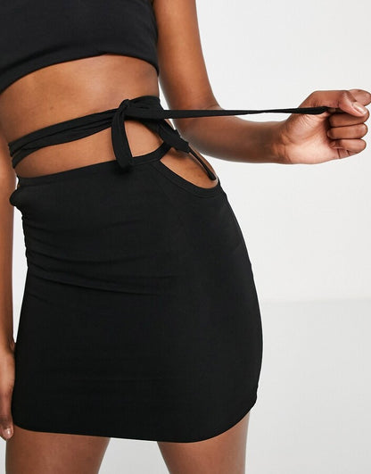 Tie Waist Skirt with Cut Out Pockets in Black