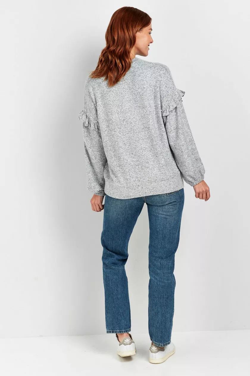 Grey Knit Embellished Frill Sleeve Jumper