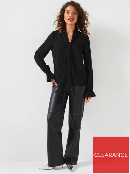V by Very Lace Hem Satin Blouse Black