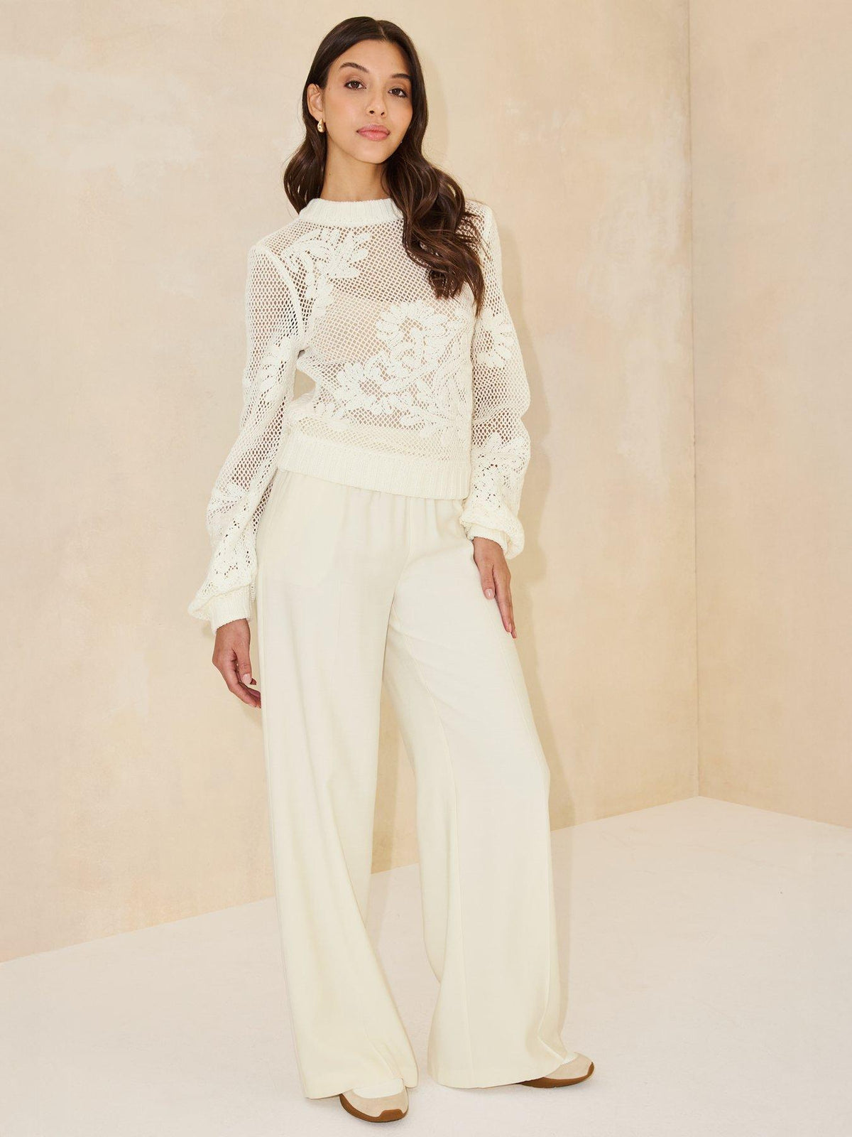 Cream Color Linen Blend Wide Leg Trouser