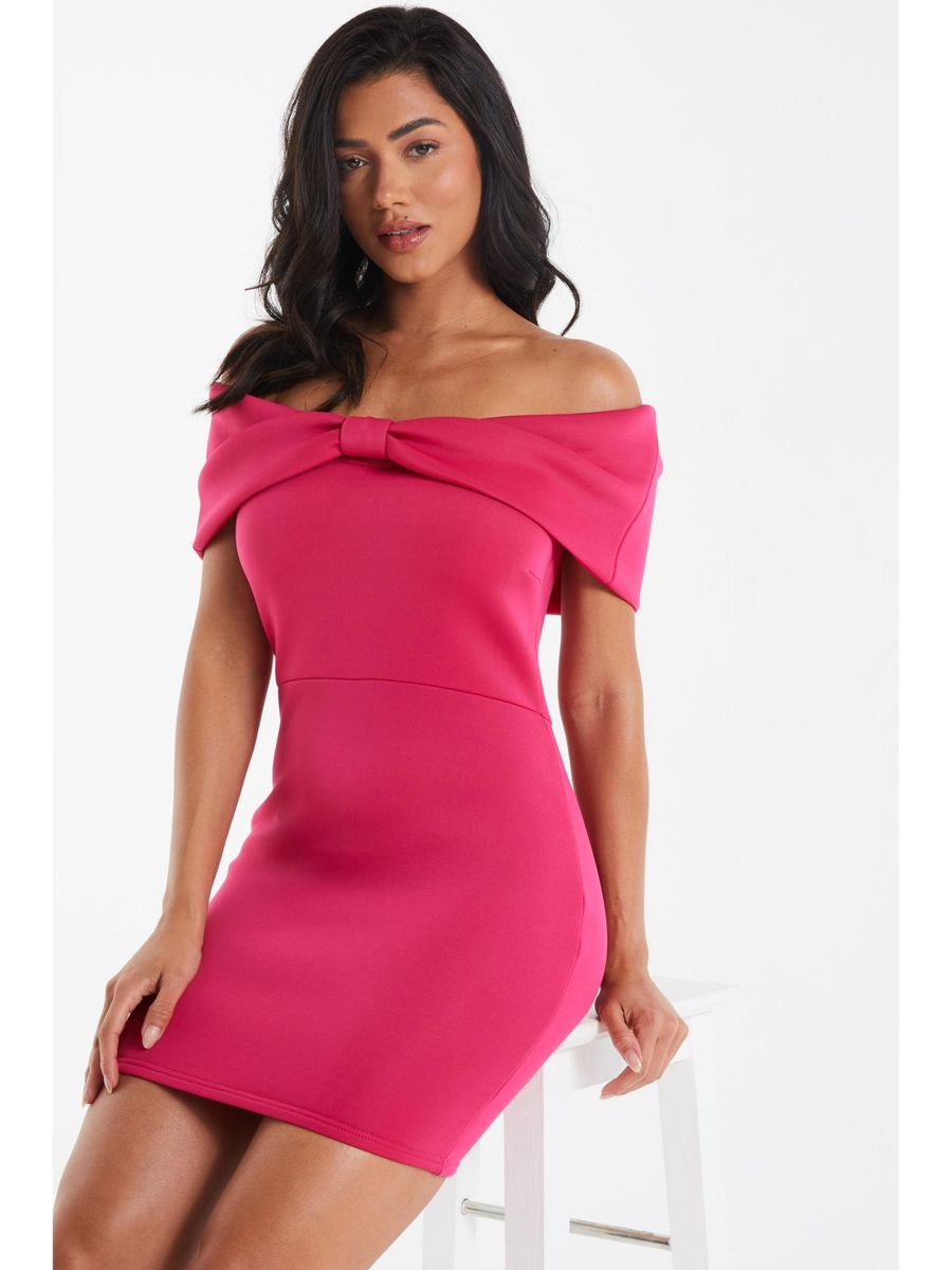 Pink Solid Bow Detail Off Shoulder Bodycon Dress