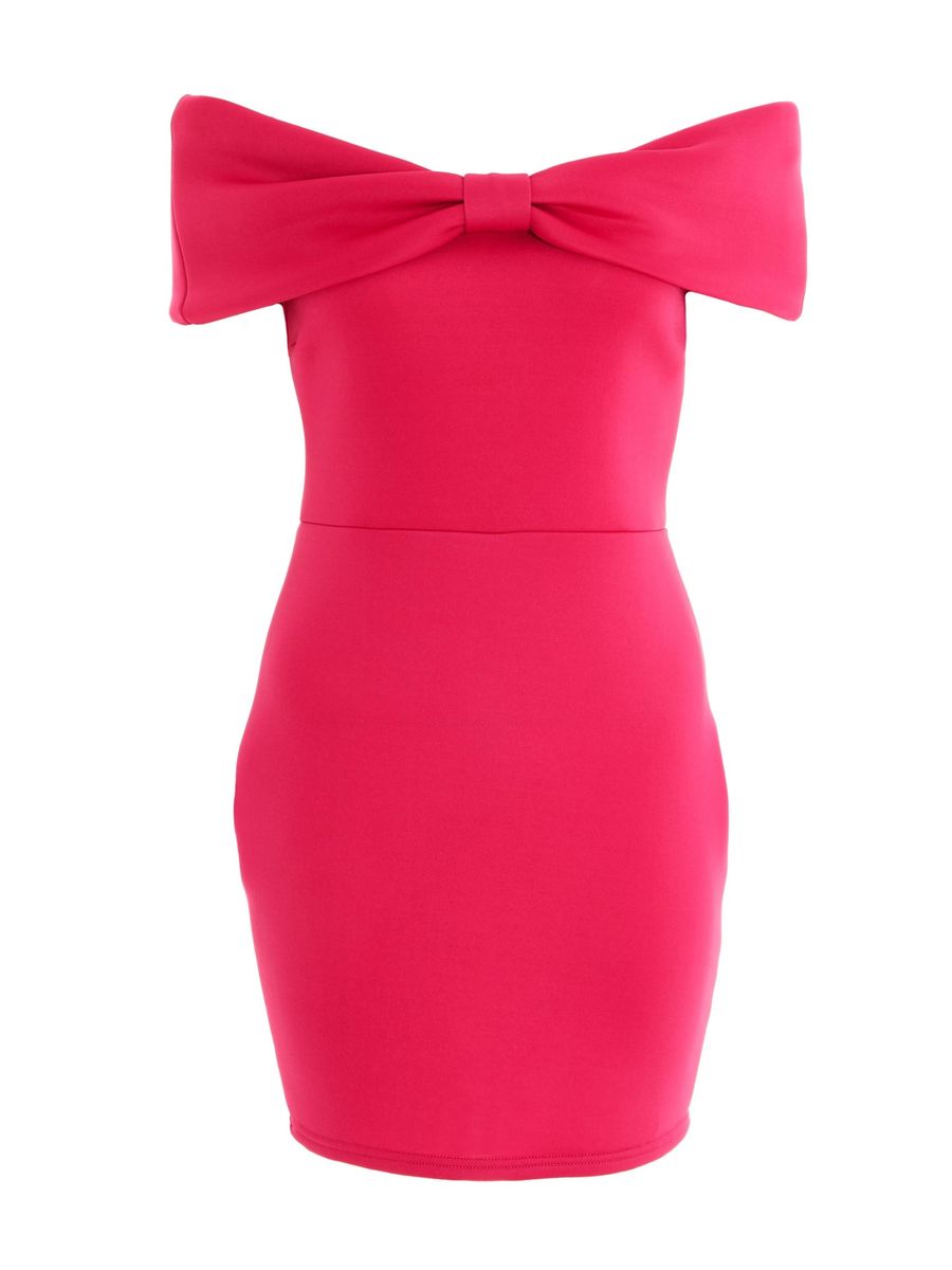 Pink Solid Bow Detail Off Shoulder Bodycon Dress