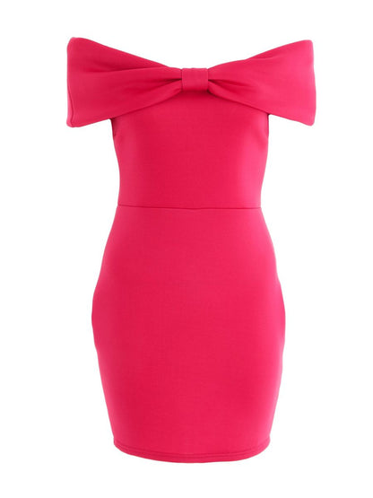 Pink Solid Bow Detail Off Shoulder Bodycon Dress