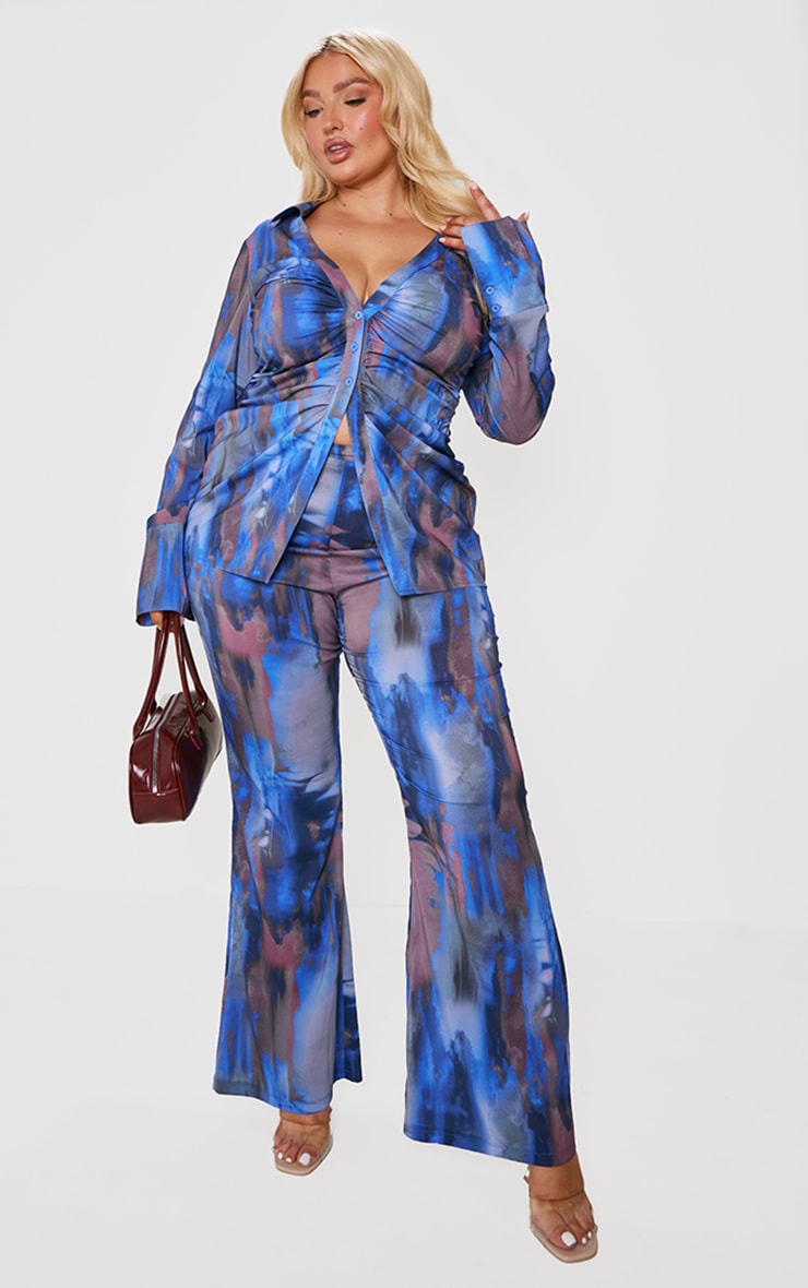 Plus Blue Abstract Print Chiffon Ruched Fitted Shirt and Trouser Set