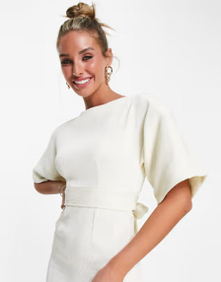 Ribbed Pencil Dress With Tie Belt In Stone