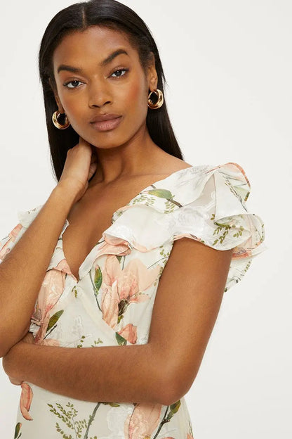 Oasis Floral Satin Burnout Ruffle Midi Dress Ivory