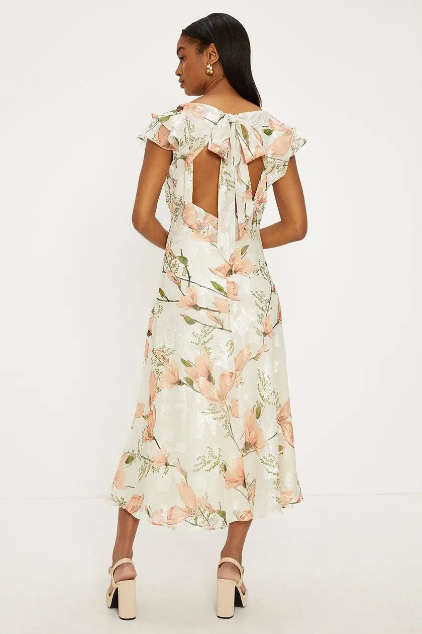 Oasis Floral Satin Burnout Ruffle Midi Dress Ivory