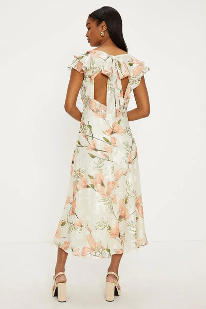 Oasis Floral Satin Burnout Ruffle Midi Dress Ivory