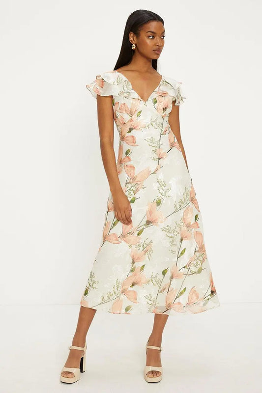 Oasis Floral Satin Burnout Ruffle Midi Dress Ivory