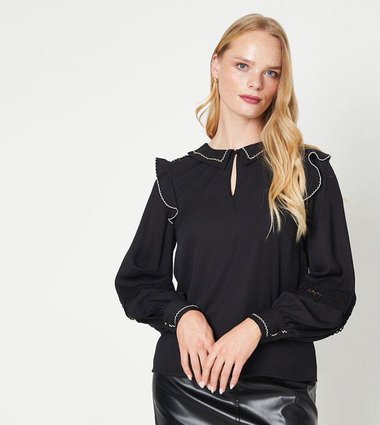 Contrast Stitch Detail Lace Insert Collared Top