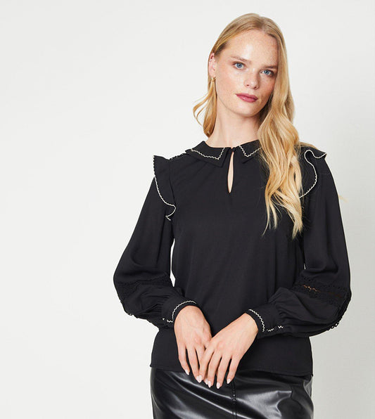 Contrast Stitch Detail Lace Insert Collared Top