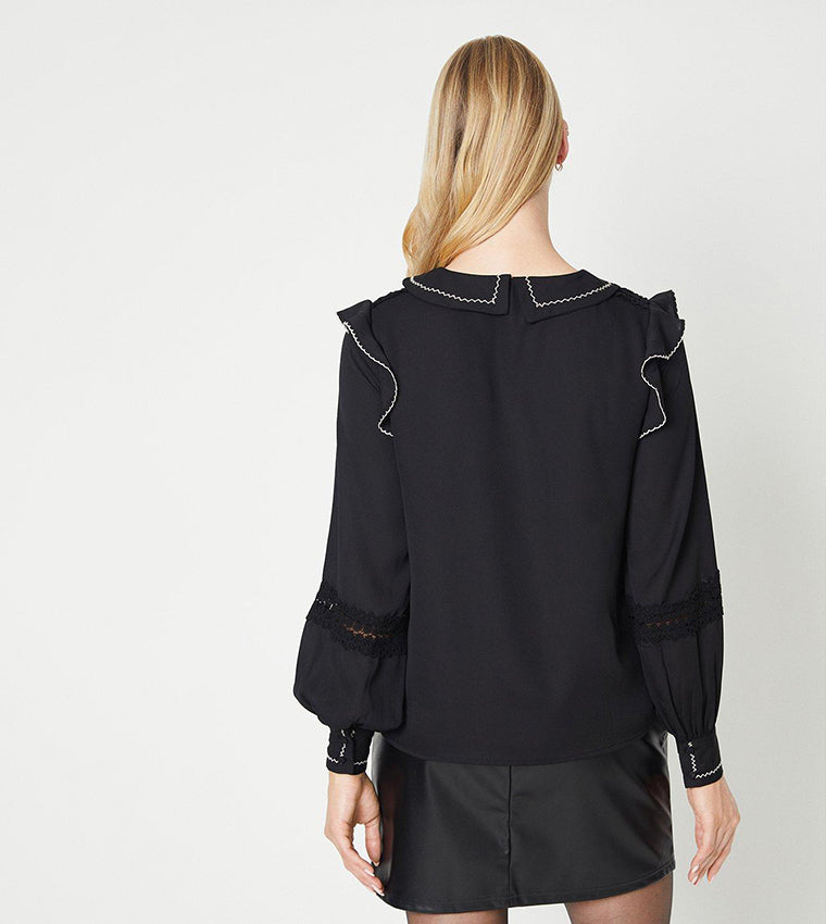 Contrast Stitch Detail Lace Insert Collared Top