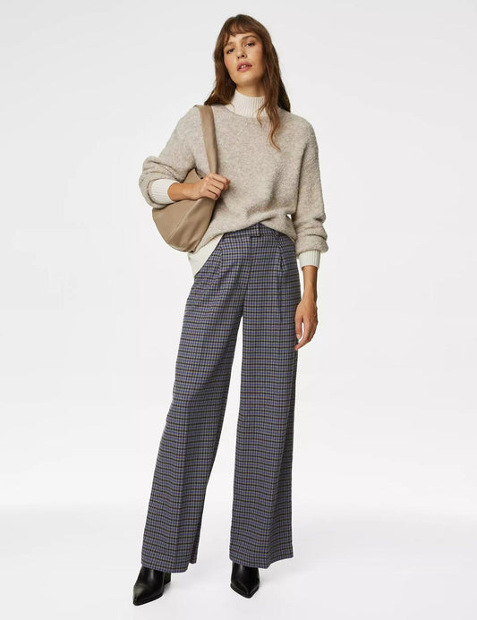 Dogtooth Pleat Front Wide Leg Trousers