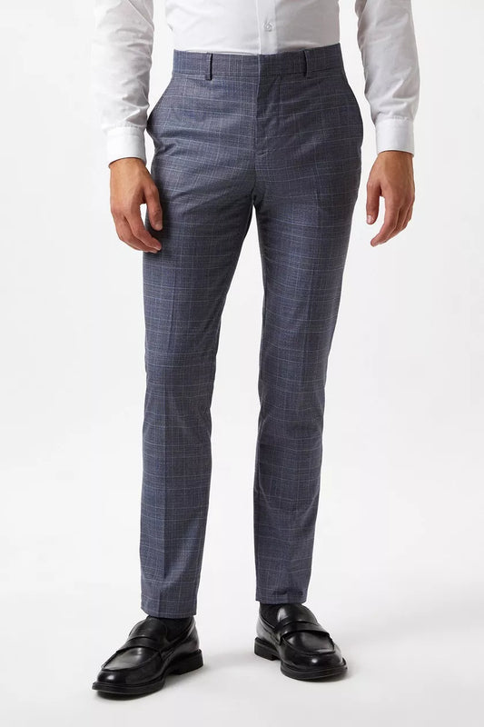 Skinny Fit Denim Wedding Check Suit Trousers Blue