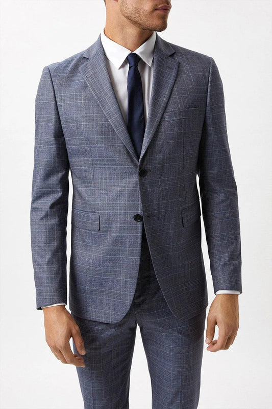 Skinny Fit Denim Wedding Blue Check Suit Jacket