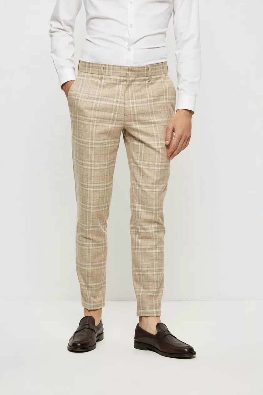 Skinny Fit Stone Textured Check Trousers