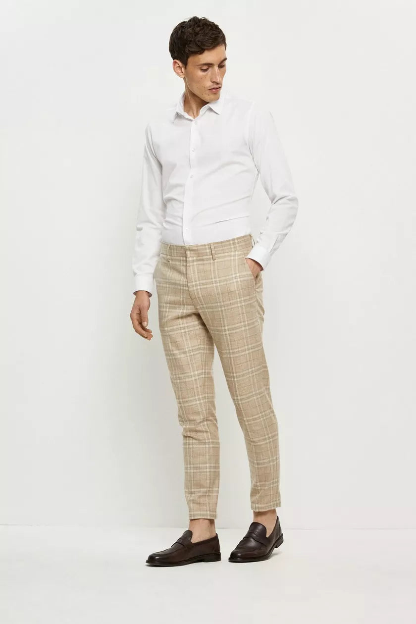 Skinny Fit Stone Textured Check Trousers