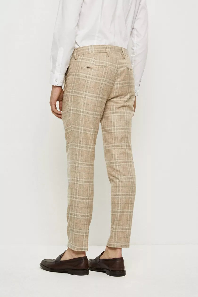 Skinny Fit Stone Textured Check Trousers