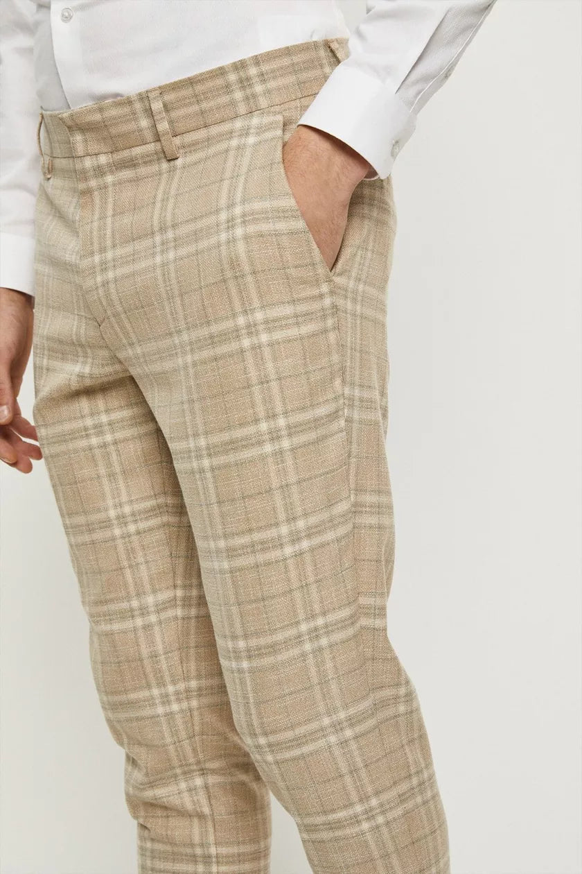 Skinny Fit Stone Textured Check Trousers