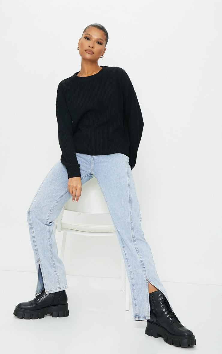 Black Basic Crew Neck Knitted Sweater
