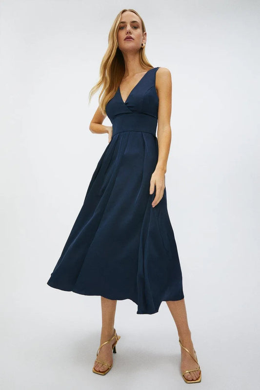 Full Skirted Satin Midi Dress Blue