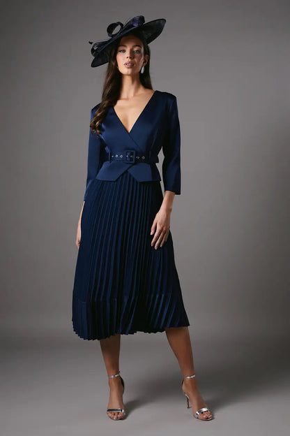Satin Bodice Sleeve Pleat Skirt Belted Midi Wedding Guest Dress