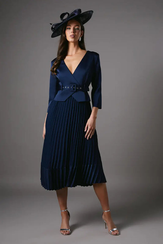 Satin Bodice Sleeve Pleat Skirt Belted Midi Wedding Guest Dress