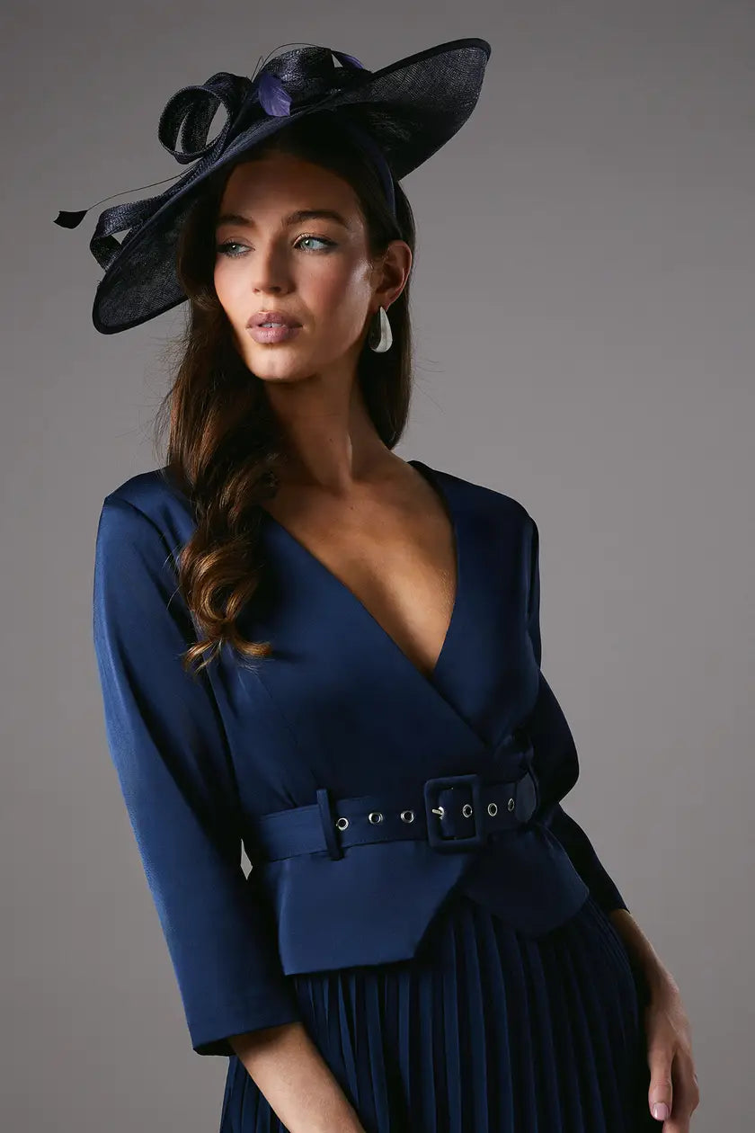 Satin Bodice Sleeve Pleat Skirt Belted Midi Wedding Guest Dress