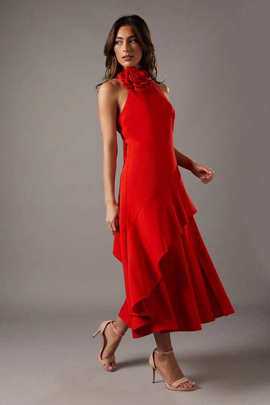 Coast High Neck Corsage Detail Midi Dress Red