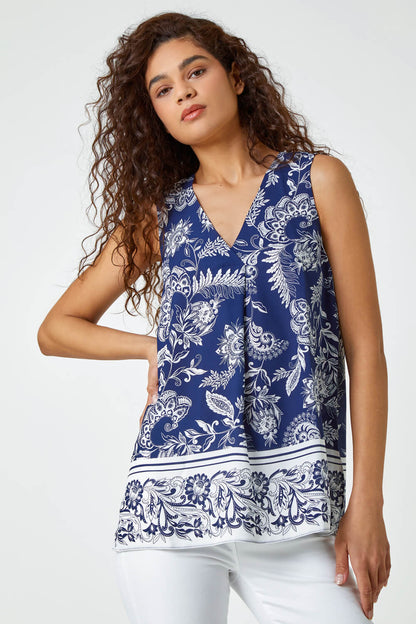 Navy Sleeveless V-Neck Paisley Pleat Front Top