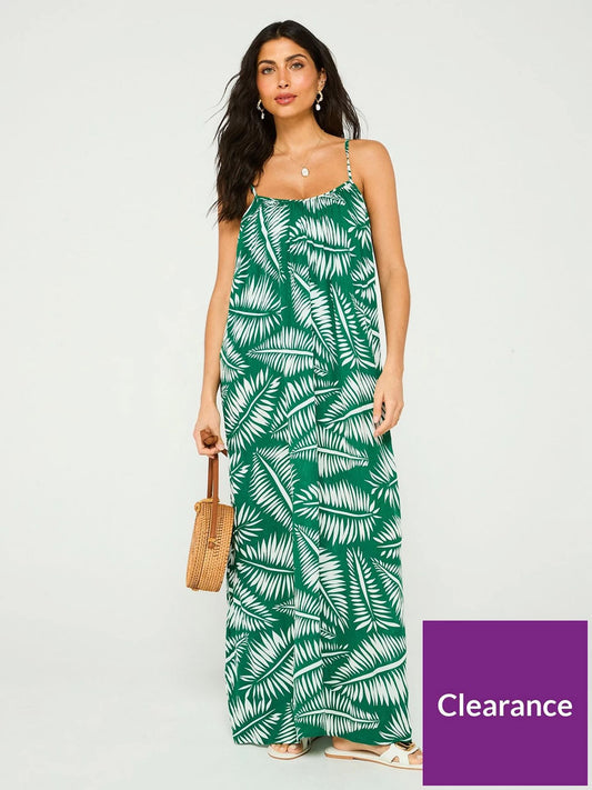 Strappy Printed Summer Maxi Dress Green