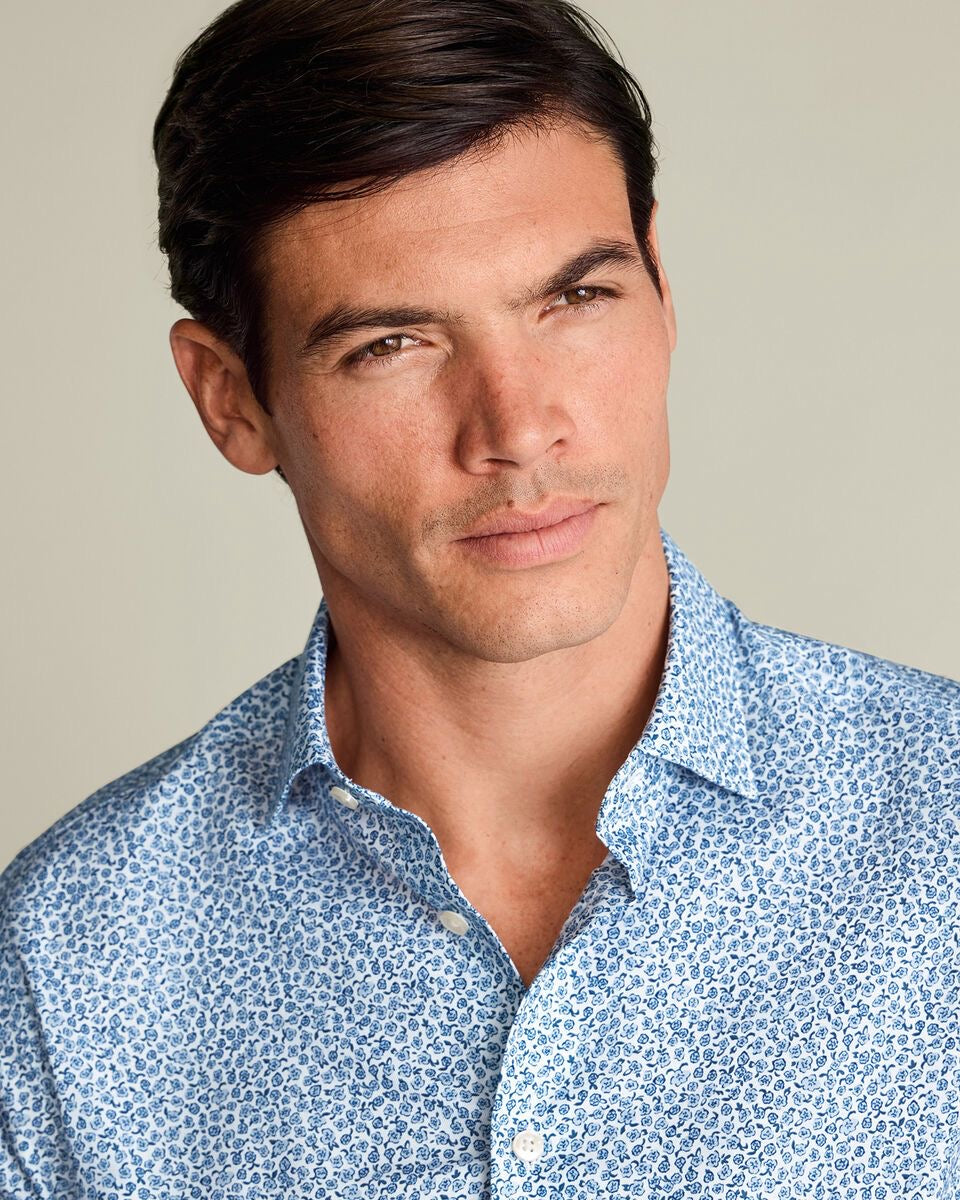 Semi-Cutaway Collar Non-Iron Stretch Floral Print Shirt – White & Sky Blue