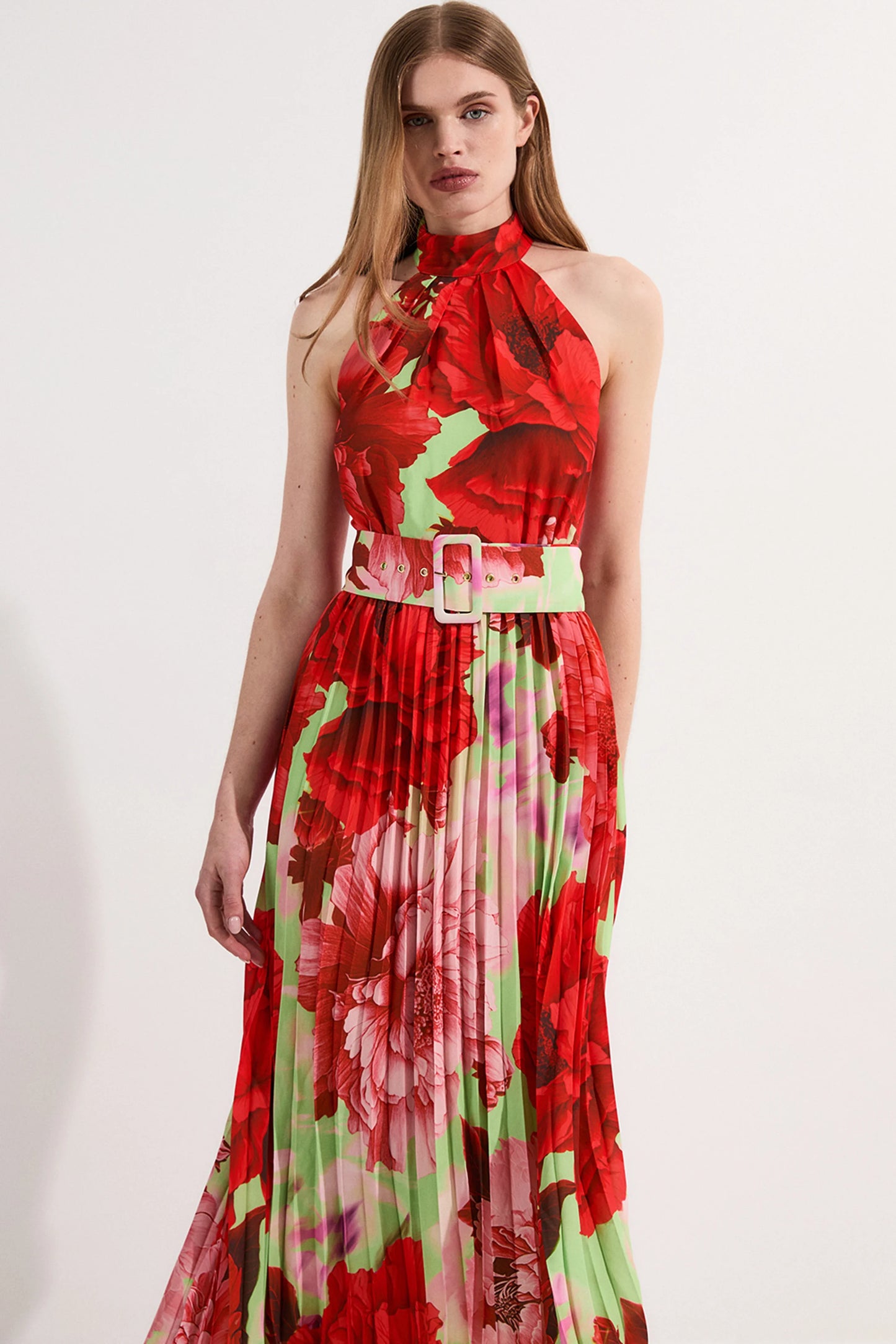 KarenMillen Petite Floral Halter Neck Pleated Midi Dress