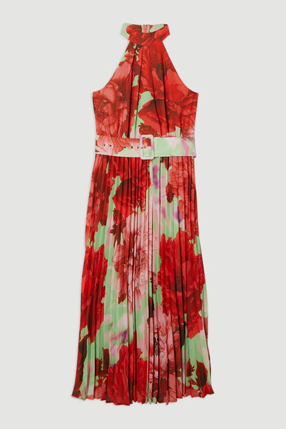 KarenMillen Petite Floral Halter Neck Pleated Midi Dress