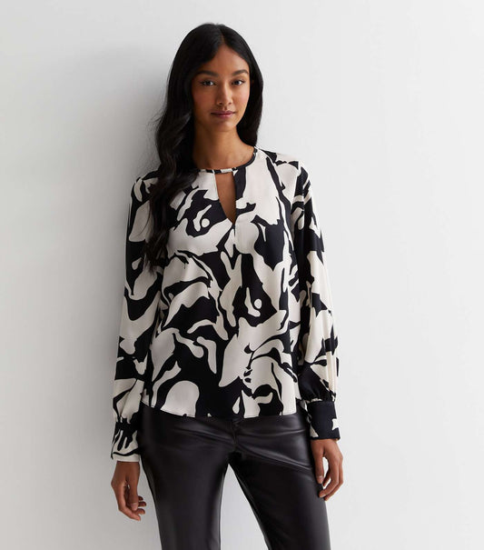 Black Abstract Keyhole Neck Blouse