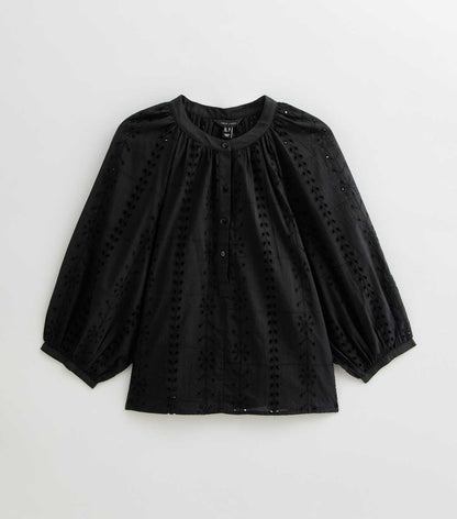 Black Broderie Anglaise Balloon Sleeve Blouse